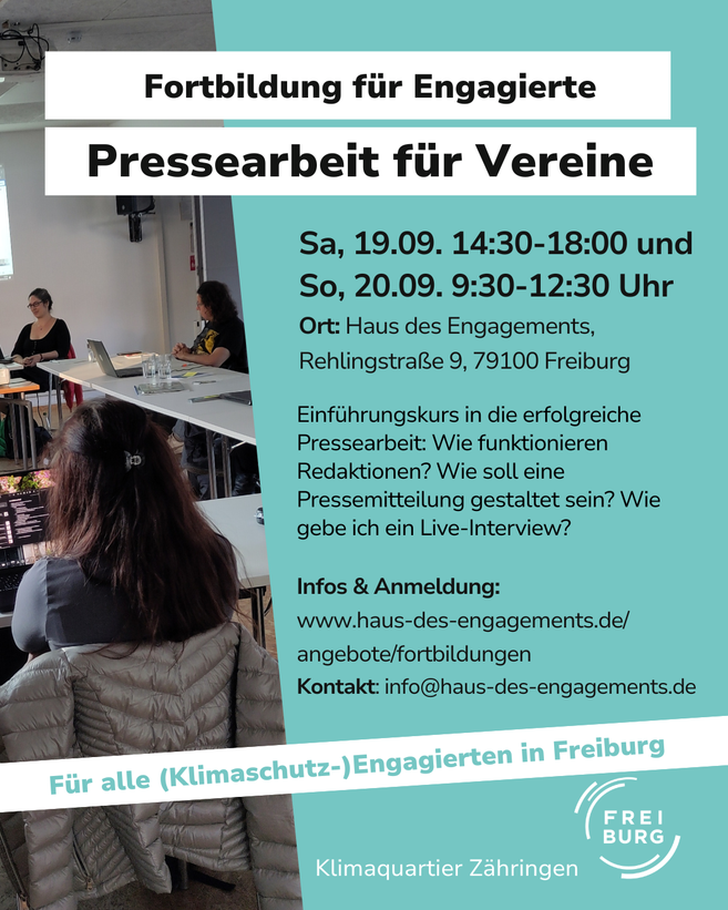 Fortbildung Pressearbeit für Vereine am 19./20.9.2026 im Haus des Engagements