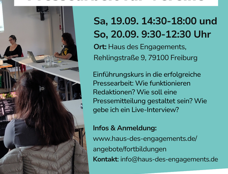 Fortbildung Pressearbeit für Vereine am 19./20.9.2026 im Haus des Engagements