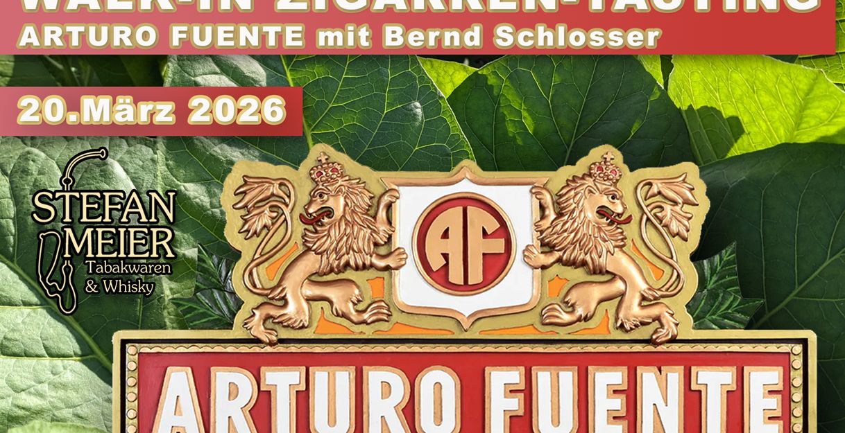 Flyer für ein Zigarrentasting am 20.3.2026 Das Bild zeigt Tabakblätter und ein Logo
