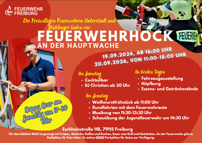 Flyer des Feuerwehrhocks 2026 der Freiwlligen Feuerwehr Freiburg mit dem entsprechenden Programm